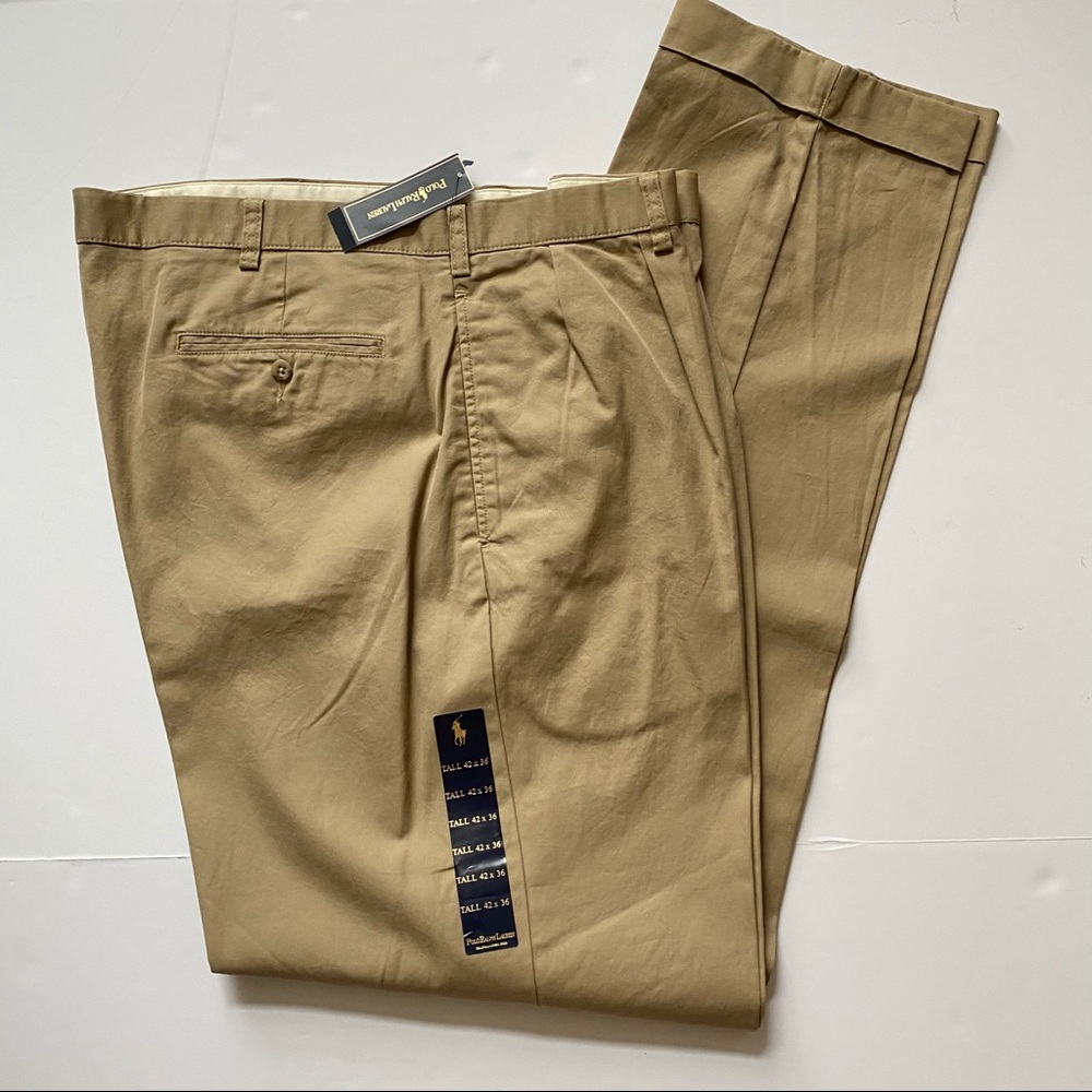 NWT Polo Ralph Lauren Khaki Dress Pants Pleated Cuffs 42 x 36 Tall